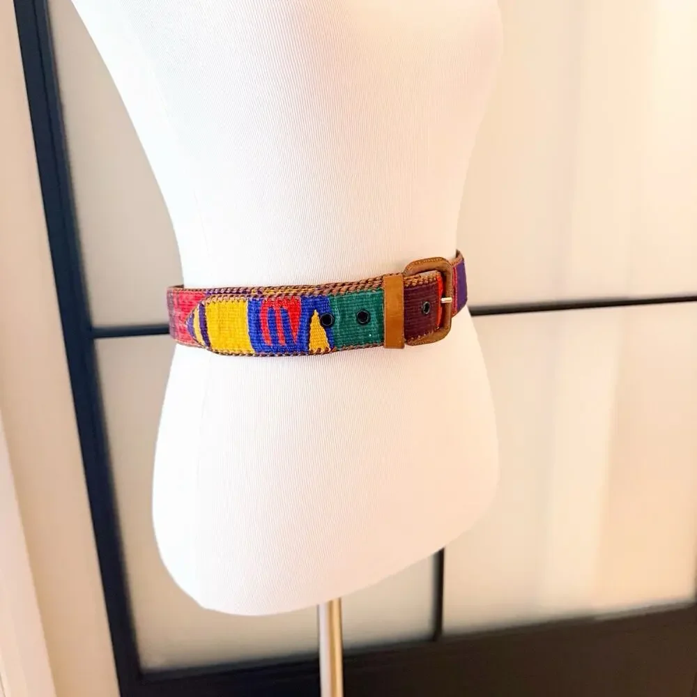 90s Vintage Woven Southwest Belt Aztec Mexican Festival Boho Hippie Leather N